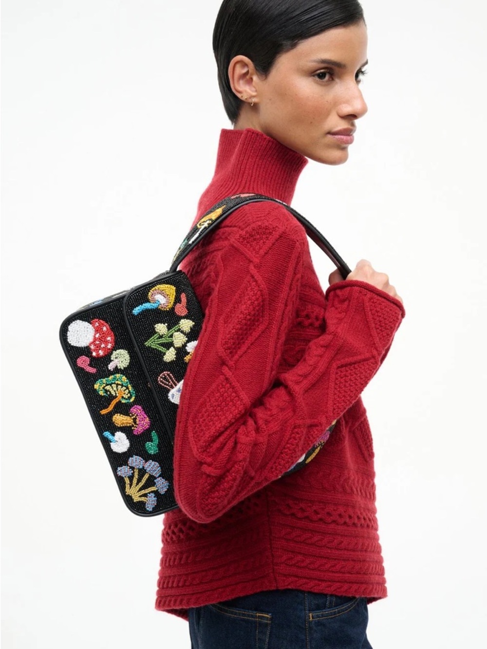 STAUD Tommy Bag Schroomscape Black Beaded Mushroom Embellished Shoulder Bag - Picture 7 of 14